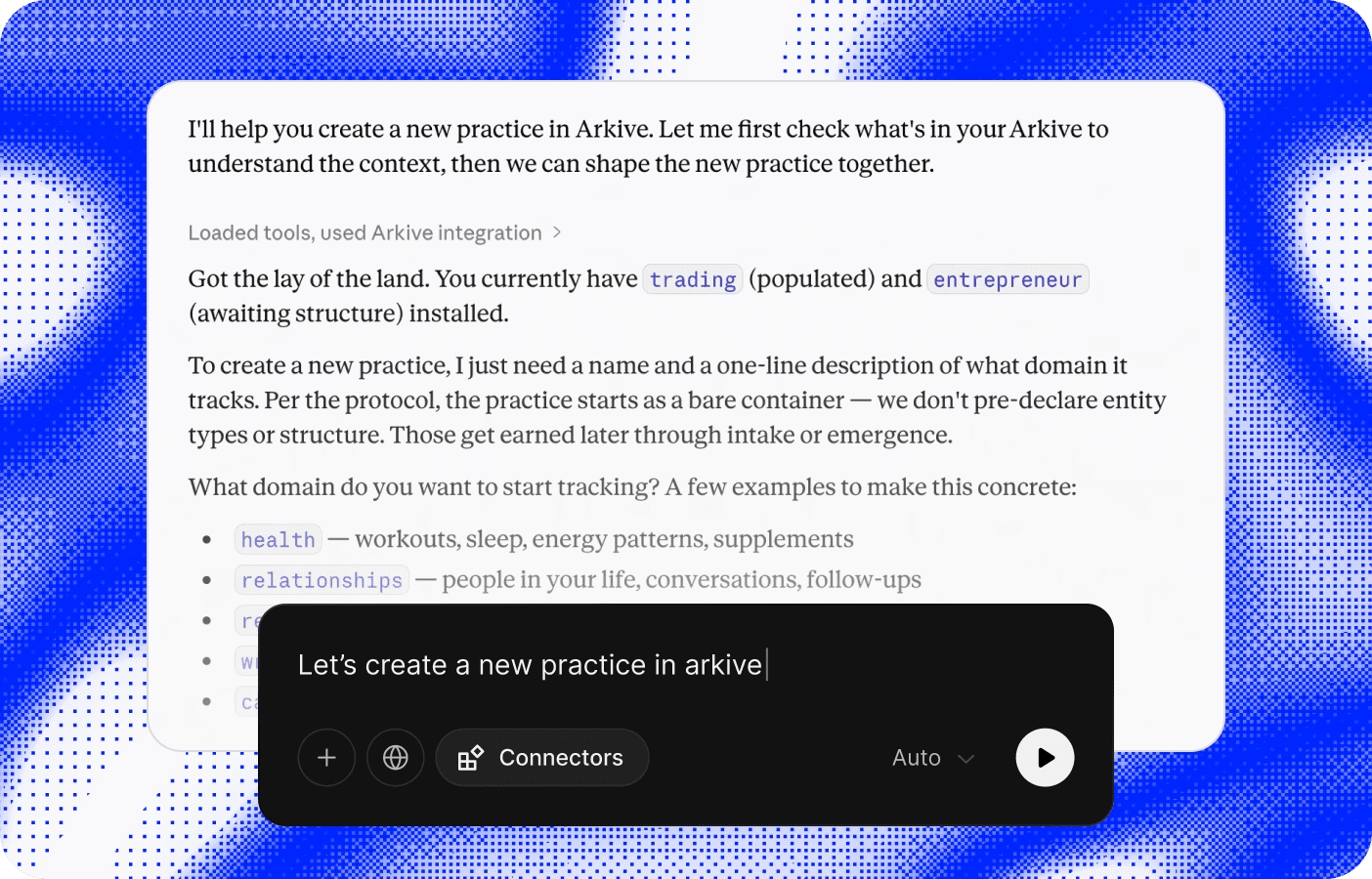 Creating a new practice in Arkive chat interface